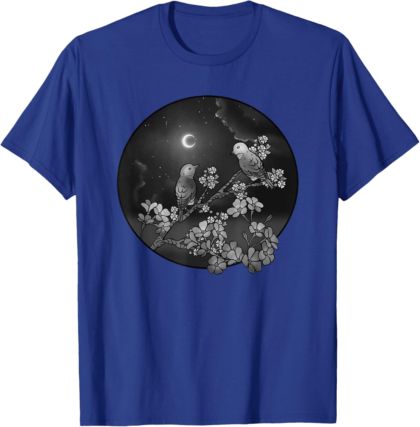 Blossoms Birds on Flowering Tree Starry Sky Crescent Moon T-Shirt - T-Shirt | Royal