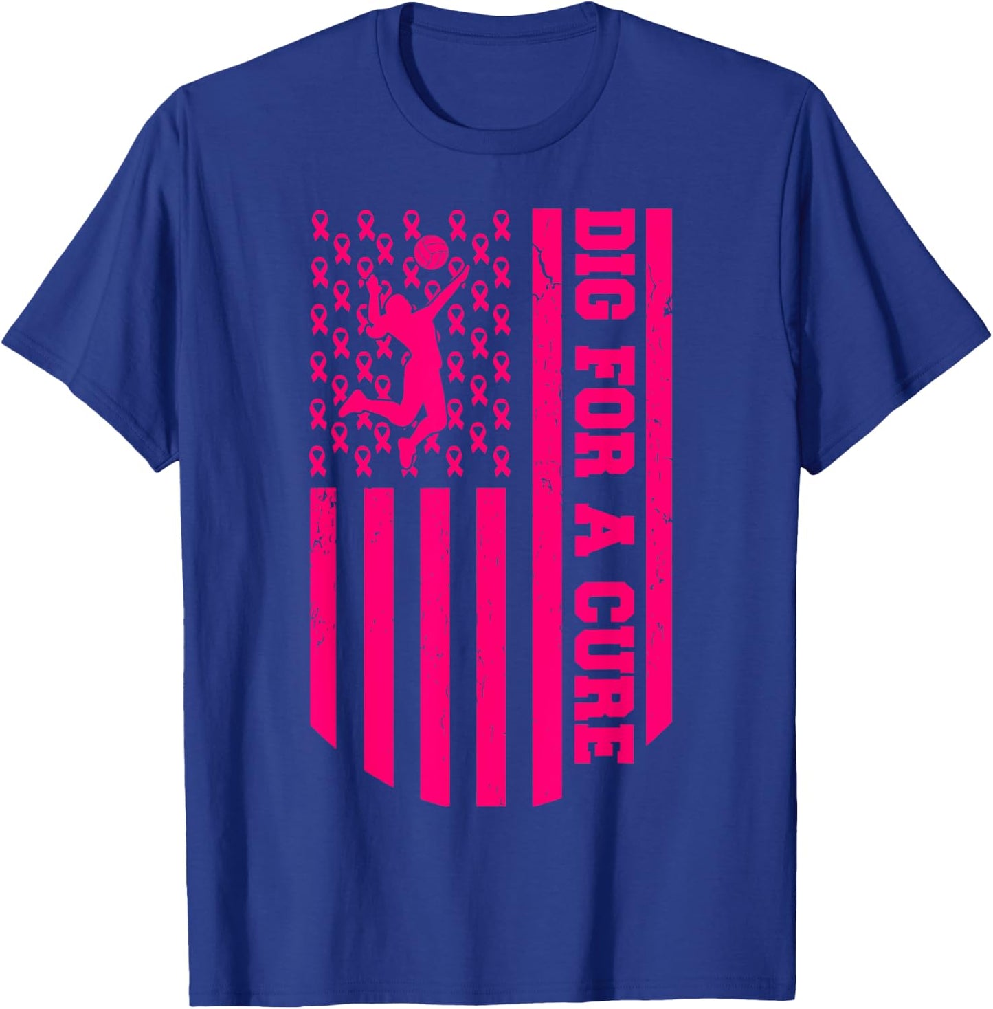 Dig For A Cure Breast Cancer Volleyball Pink American Flag T-Shirt - T-Shirt | Royal
