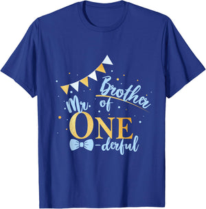 Brother Of Mr One-derful Party Blue-Gold Boy 1st Birthday T-Shirt - T-Shirt | Royal