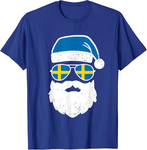 Funny Santa Claus Face Sunglasses Sweden Flag Swedish T-Shirt - T-Shirt | Royal