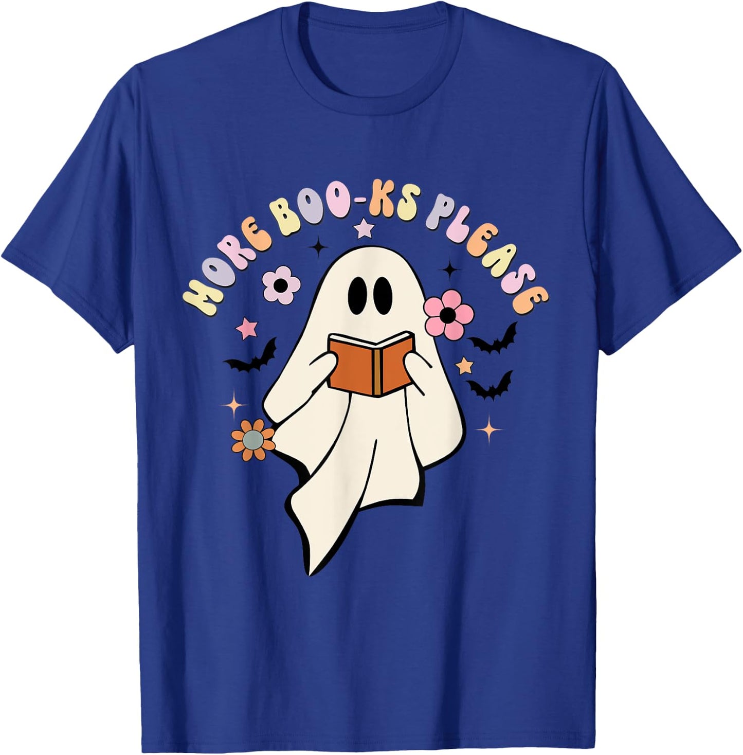 More Boo-ks Please, Retro Cute Ghost Book Reading Halloween T-Shirt - T-Shirt | Royal