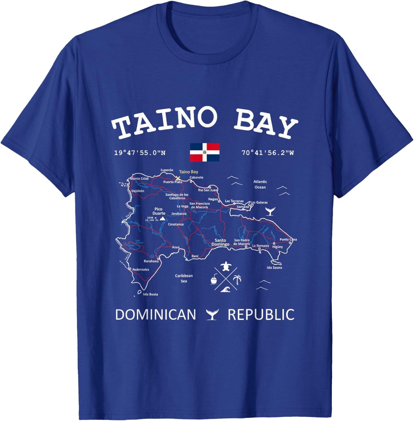 Taino Bay Dominican Republic Flag Travel Map Coordinates T-Shirt - T-Shirt | Royal