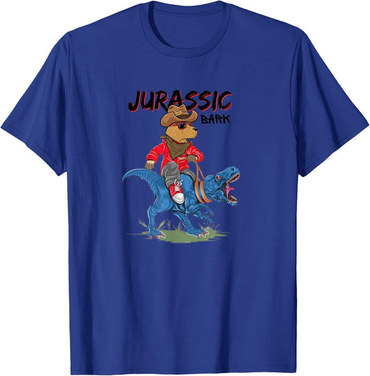 Jurassic Bark Funny Dog Riding Dinosaur Pun Dog Owners Jokes Men Women Kids T-Shirt - T-Shirt | Royal