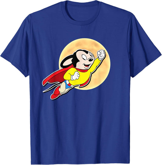 Superhero Cartoon Mouse for Mighty Humans Flies Past Moon T-Shirt - T-Shirt | Royal