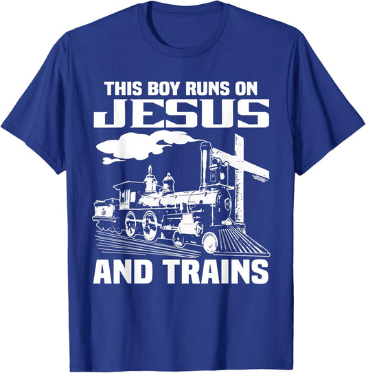 This Boy Runs On Jesus And Trains T-Shirt - T-Shirt | Royal