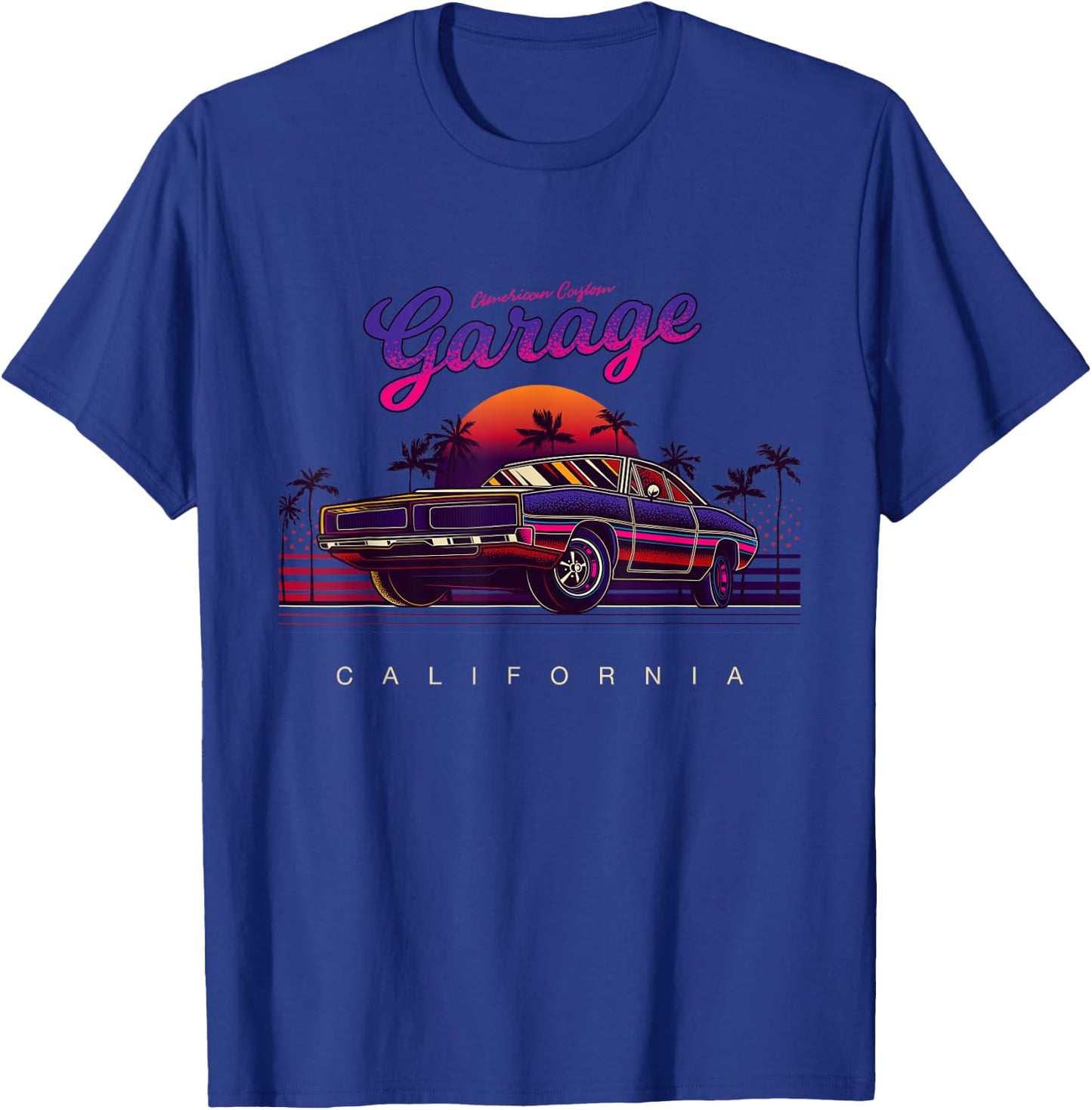 Vintage American Custom Garage, California Cars Graphic T-Shirt - T-Shirt | Royal