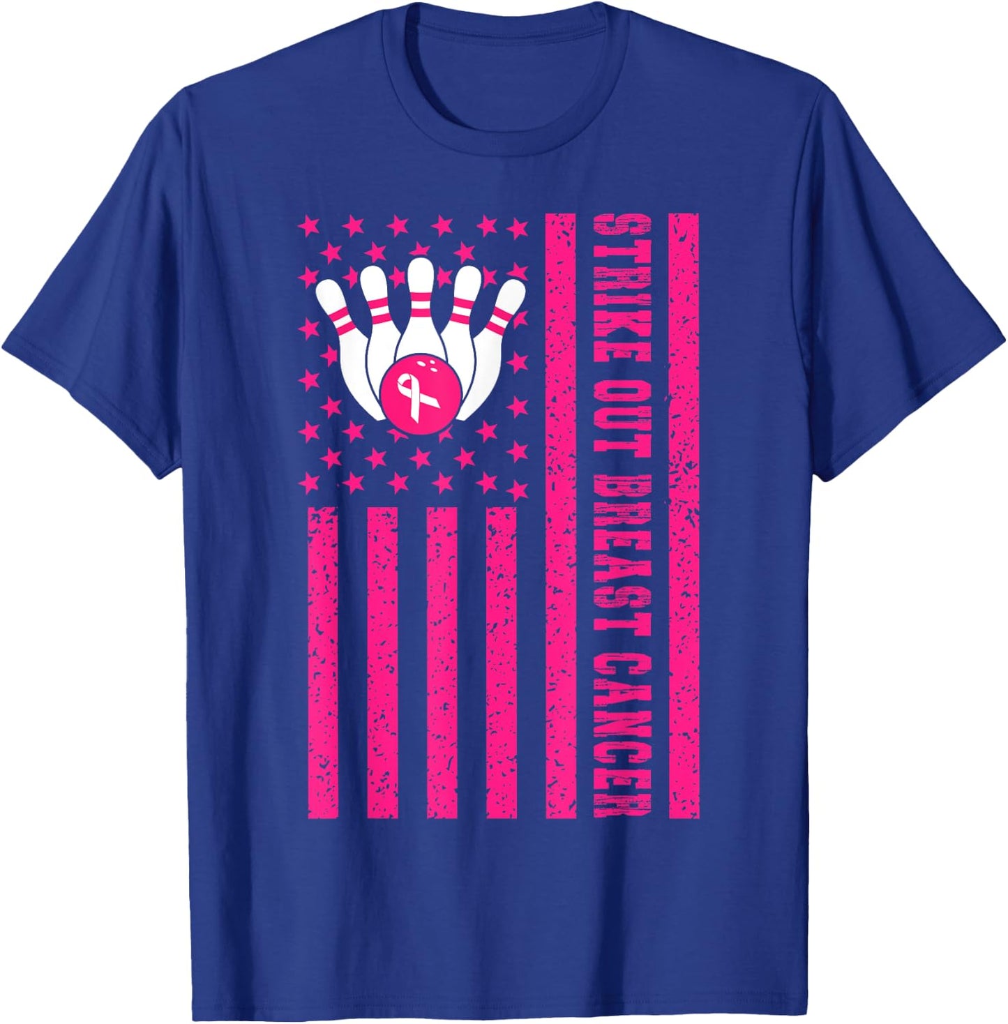 Strike Out Bowling Ribbon USA Flag Breast Cancer Awareness T-Shirt - T-Shirt | Royal