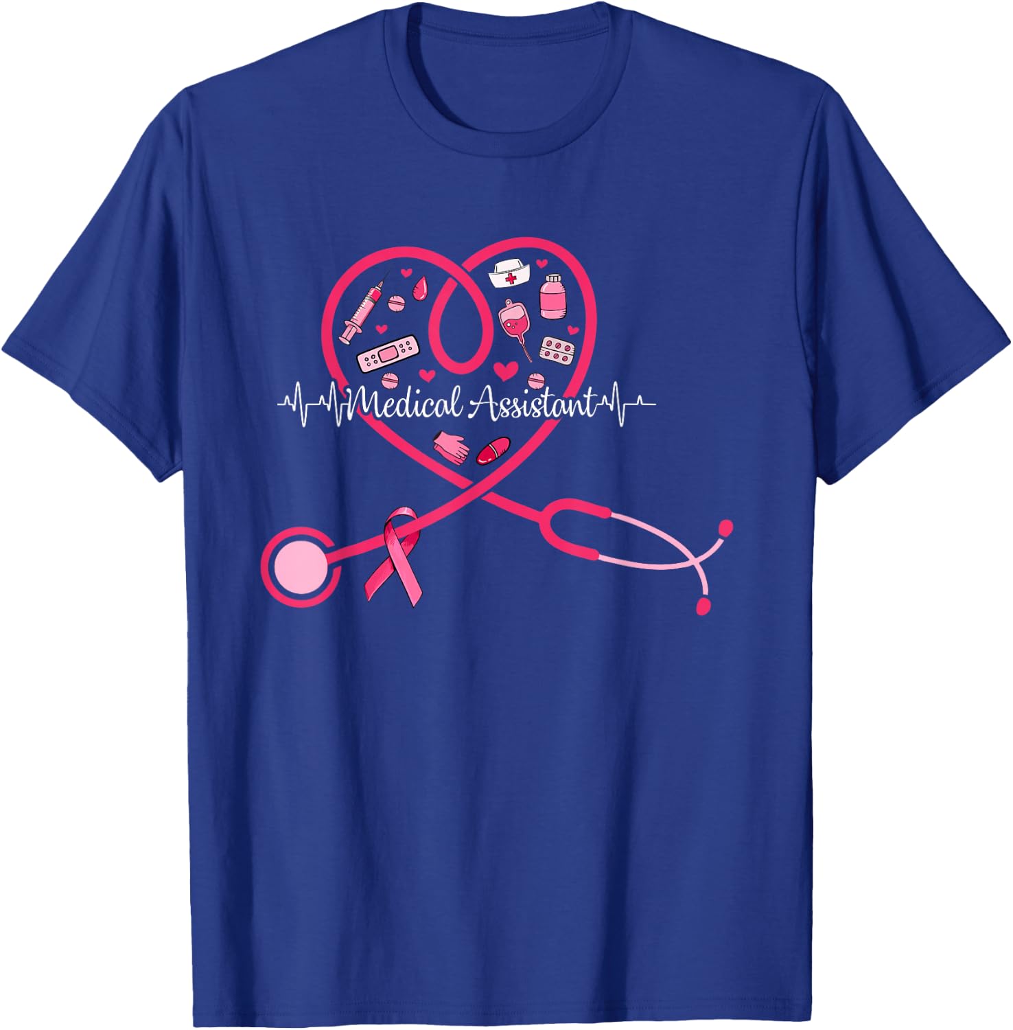 Medical Assistant Pink Stethoscope Heart Pink Breast Cancer T-Shirt - T-Shirt | Royal
