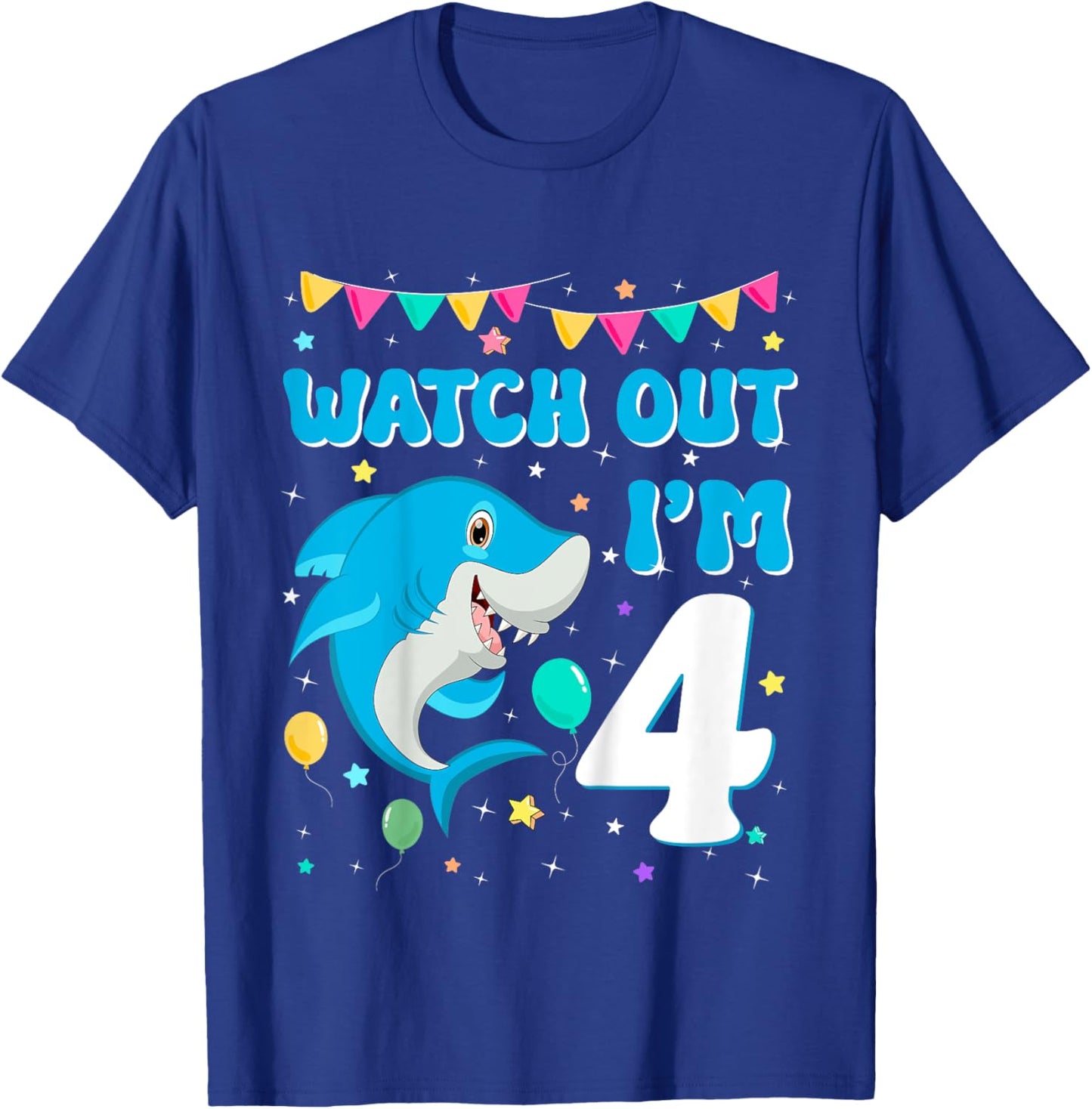 Kids Watch Out Shark I'm 4 Years Old Birthday Boy Back to School T-Shirt - T-Shirt | Royal