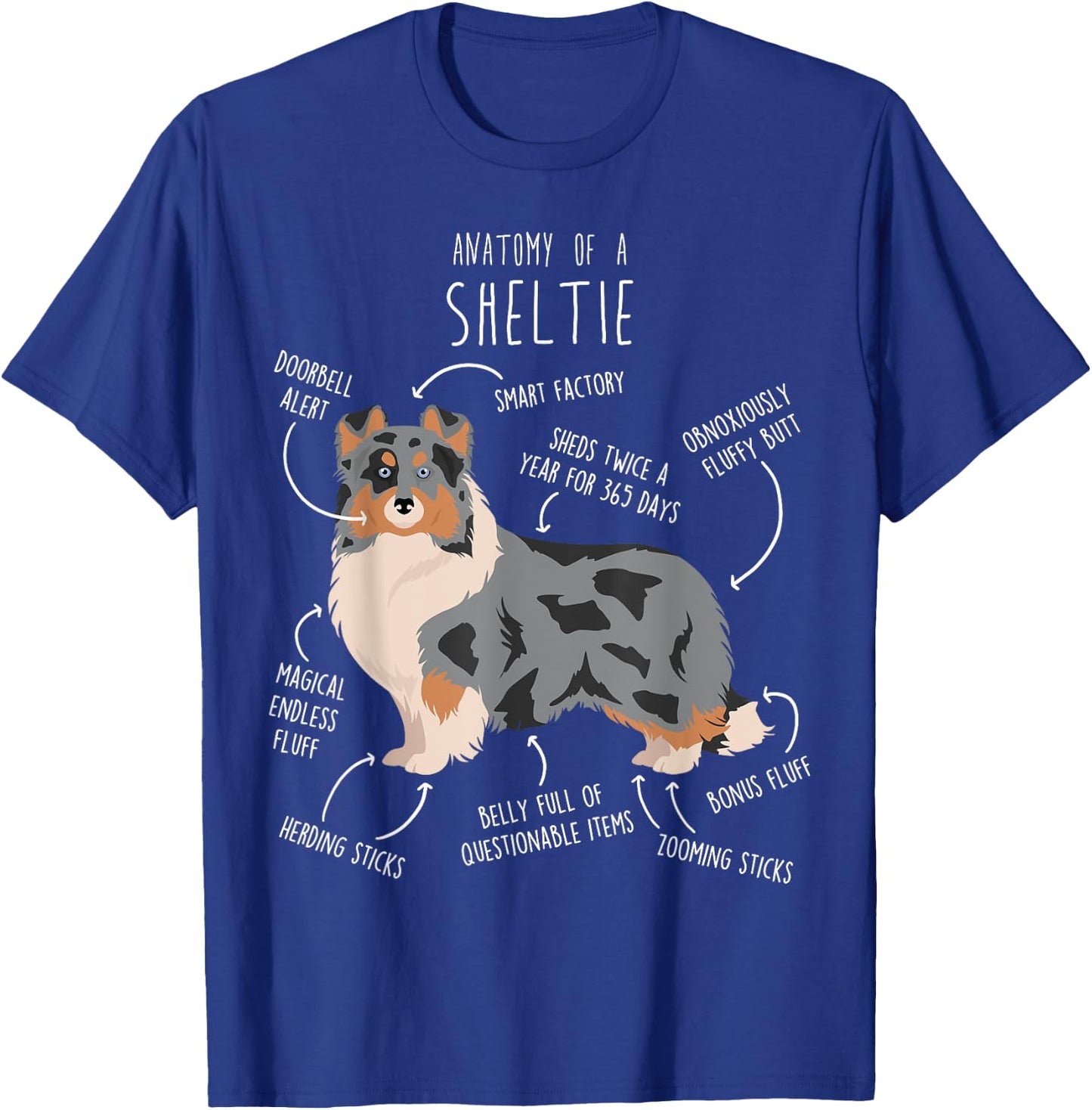 Blue Merle Sheltie Shetland Sheepdog Anatomy, Funny Cute Dog T-Shirt - T-Shirt | Royal