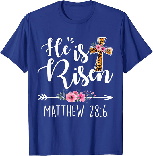 He has Risen Easter Day Jesus Floral Cross Leopard T-Shirt - T-Shirt | Royal