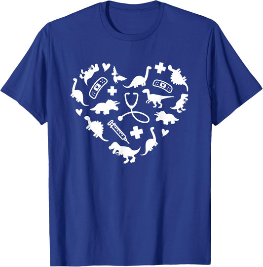 Pediatric Nurse Heart Cute Dinosaur Pediatric Physical Peds T-Shirt - T-Shirt | Royal