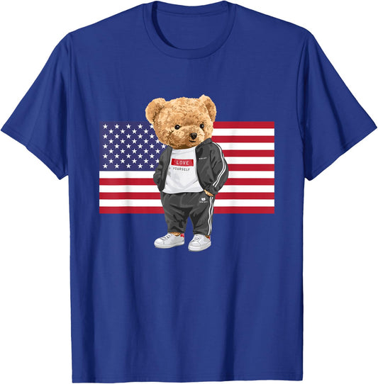 Cool USA Teddy Bear Illustration Novelty Graphic Designs T-Shirt - T-Shirt | Royal