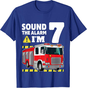 Kids 7th Birthday Boy Fire Truck 7 Seven Year Old Firefighter T-Shirt - T-Shirt | Royal