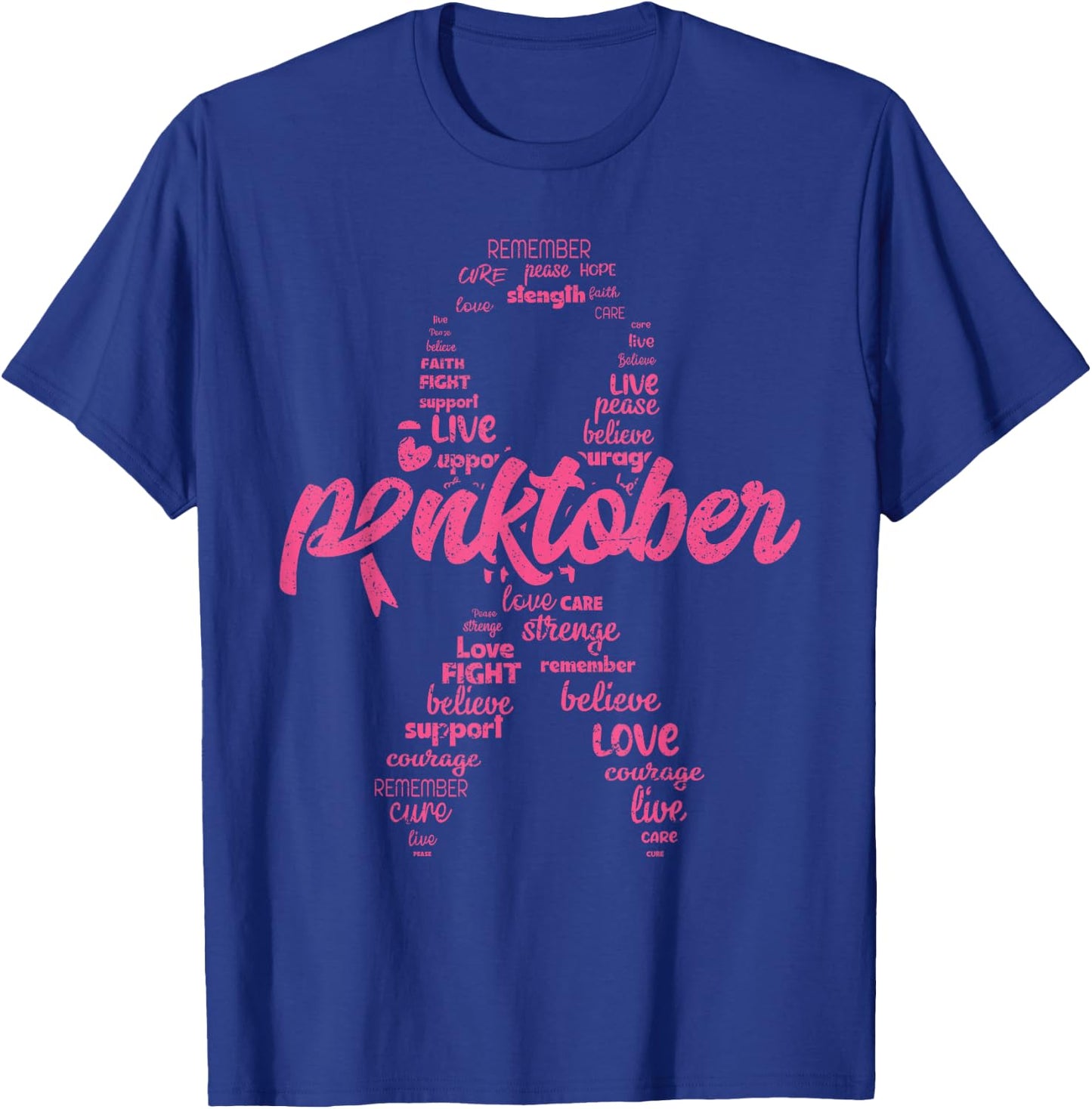 Pinktober Ribbon Breast Cancer Awareness Distressed Style T-Shirt - T-Shirt | Royal