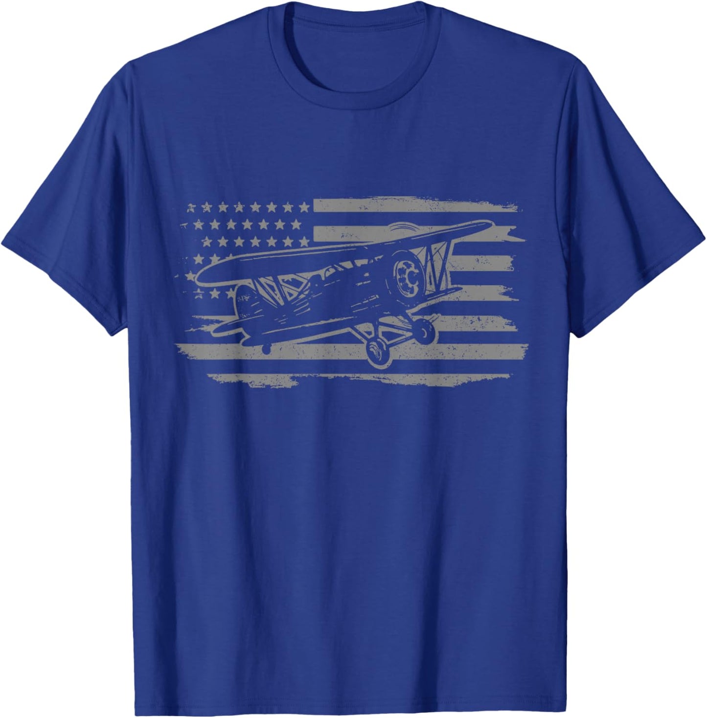 Airplane Pilot Vintage Patriotic Flag Biplane Plane Aviation T-Shirt - T-Shirt | Royal