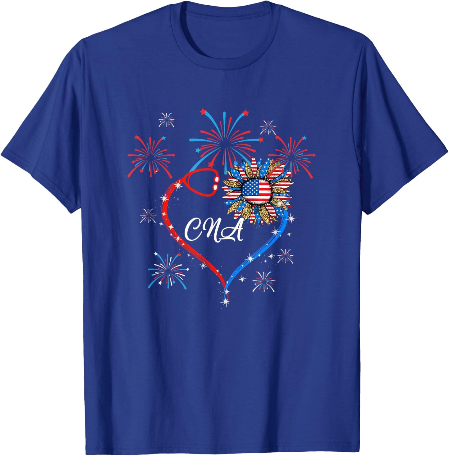 Patriotic Cna Nurse 4Th Of July American Flag Sunflower Love T-Shirt - T-Shirt | Royal