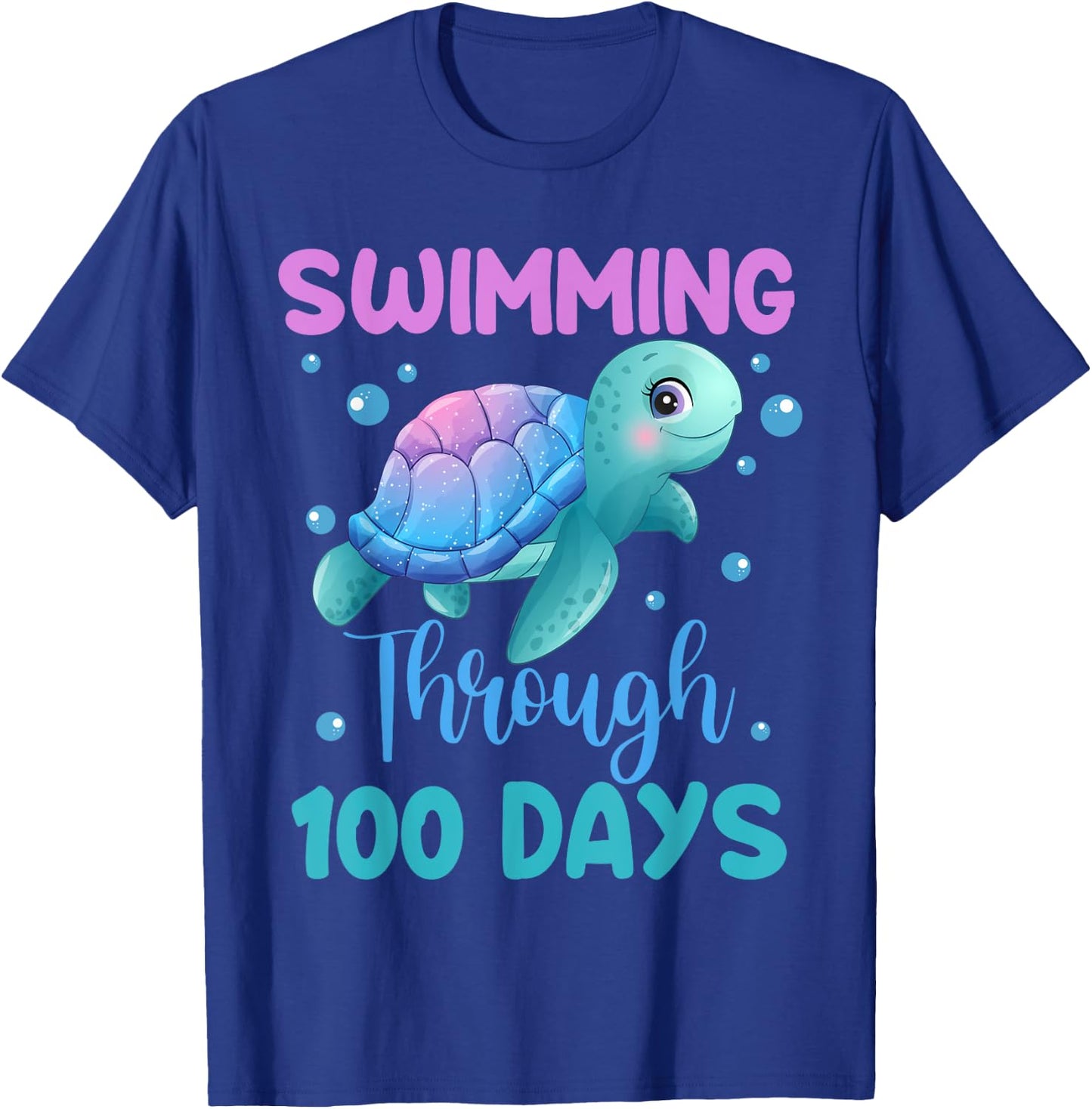 Swimming Through 100 Days Cute Turtle 100th Day Of School T-Shirt - T-Shirt | Royal