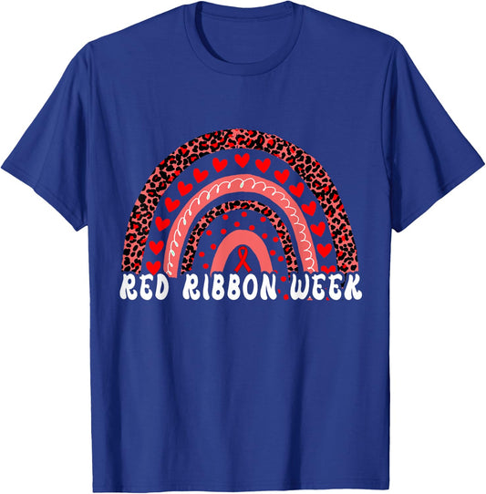 We Wear Red For Red Ribbon Week Awareness Leoopard Rainbow T-Shirt - T-Shirt | Royal