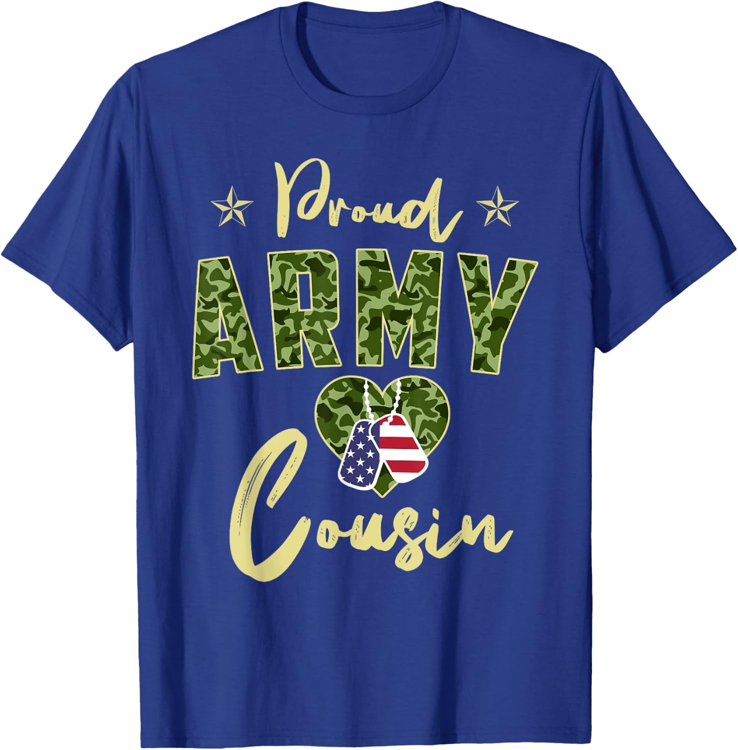 Proud Army Cousin Camou Dog Tag USA American Flag Family Women Kids Men T-Shirt - T-Shirt | Royal