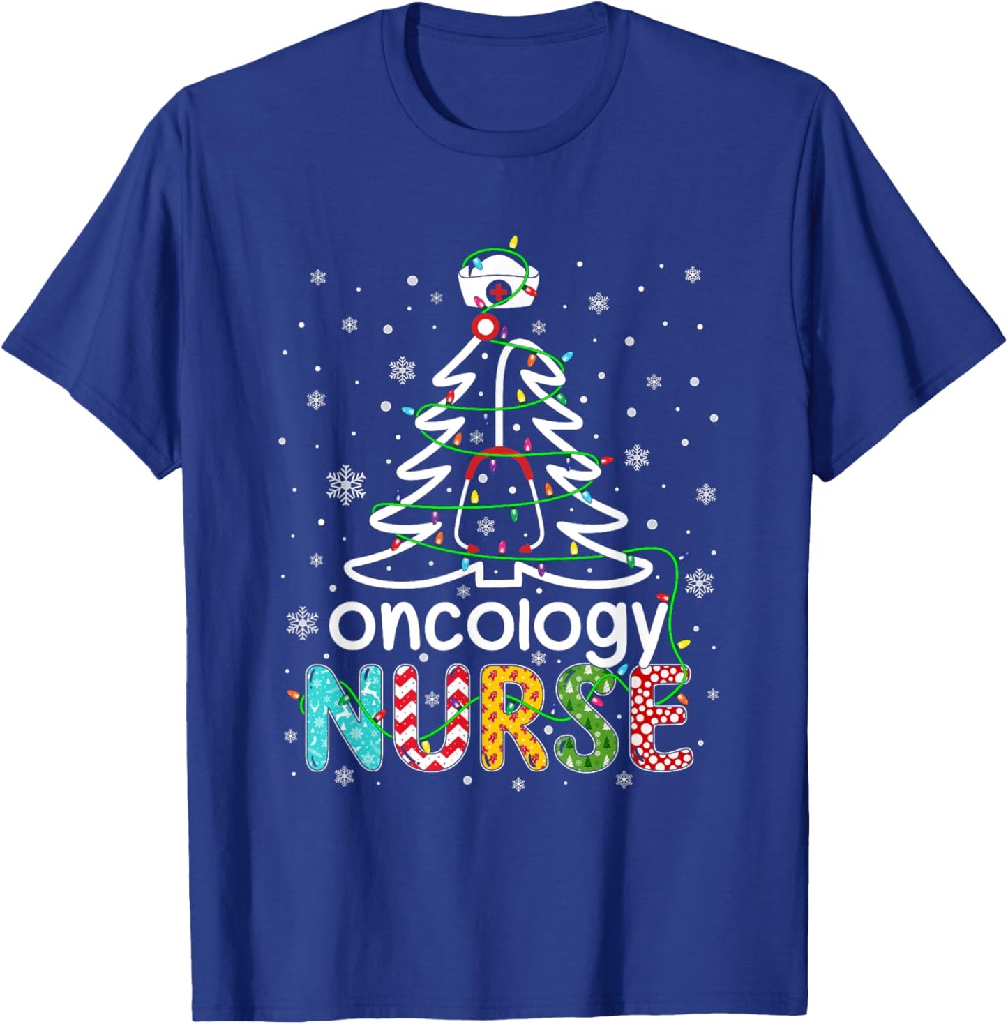 Oncology Nurse Xmas Tree Funny Nursing Christmas Pattern T-Shirt - T-Shirt | Royal