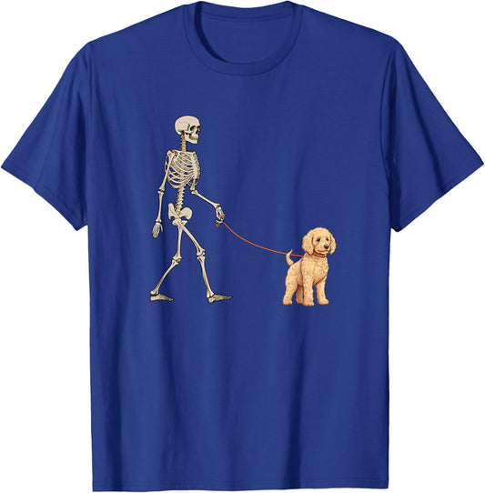 Funny Goldendoodle Skeleton Dog Walking Halloween Dog T-Shirt - T-Shirt | Royal