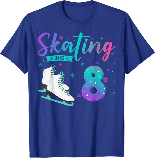 8 Year Old Girl Ice Skating Into 8th Birthday Kids T-Shirt - T-Shirt | Royal