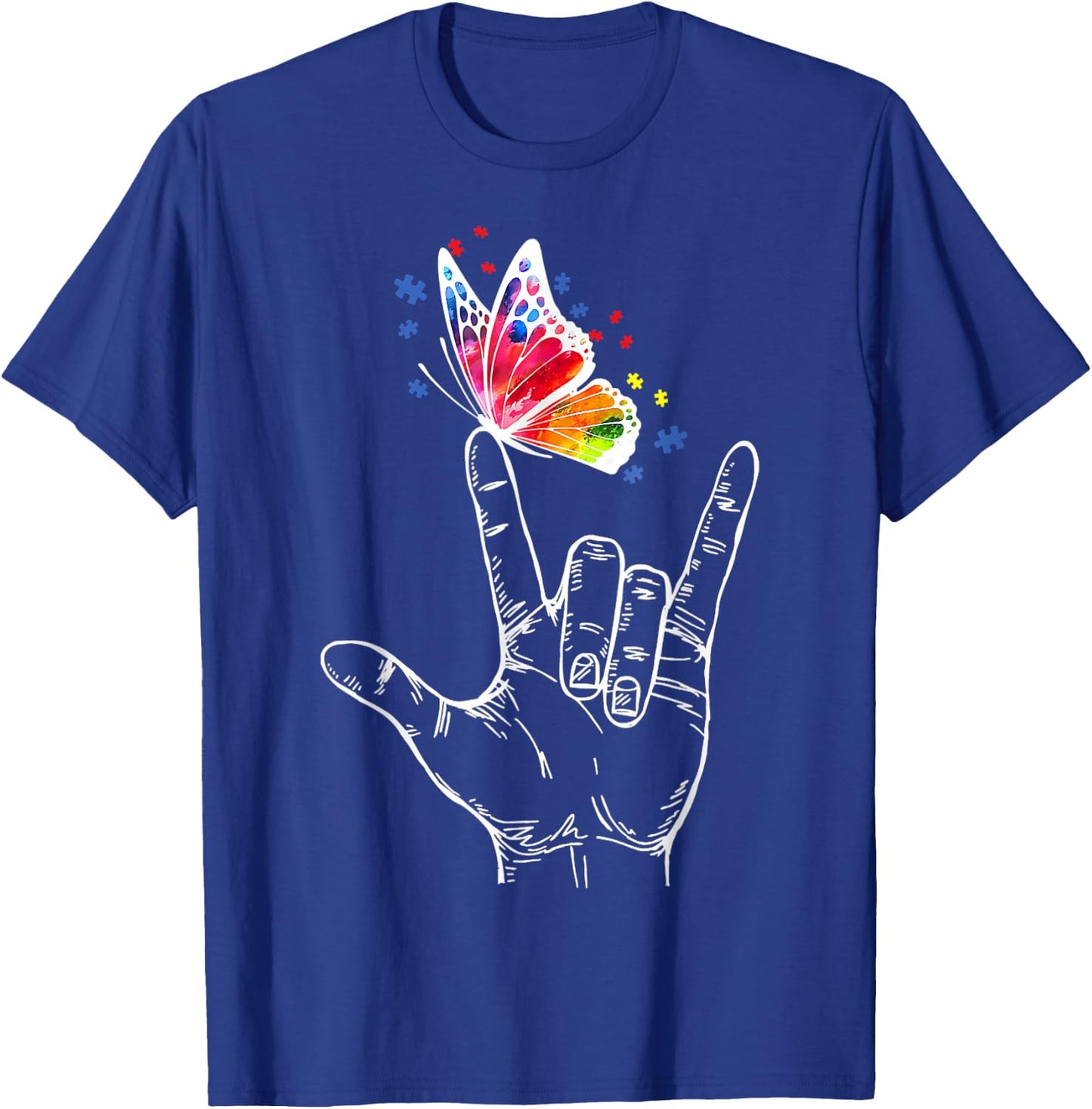 I Love You Hand Sign Language Butterfly Autism Awareness T-Shirt - T-Shirt | Royal