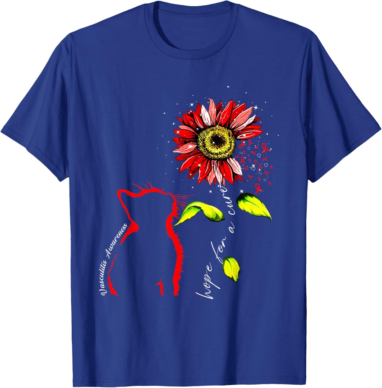 Sunflower Cat Red Vasculitis Awareness Men Women T-Shirt - T-Shirt | Royal