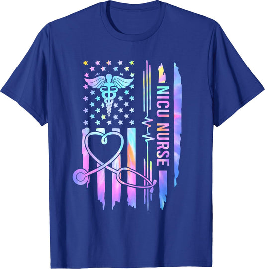 Tie Dye NICU Nurse ICU Neonatal USA Flag Team Tiny Humans T-Shirt - T-Shirt | Royal