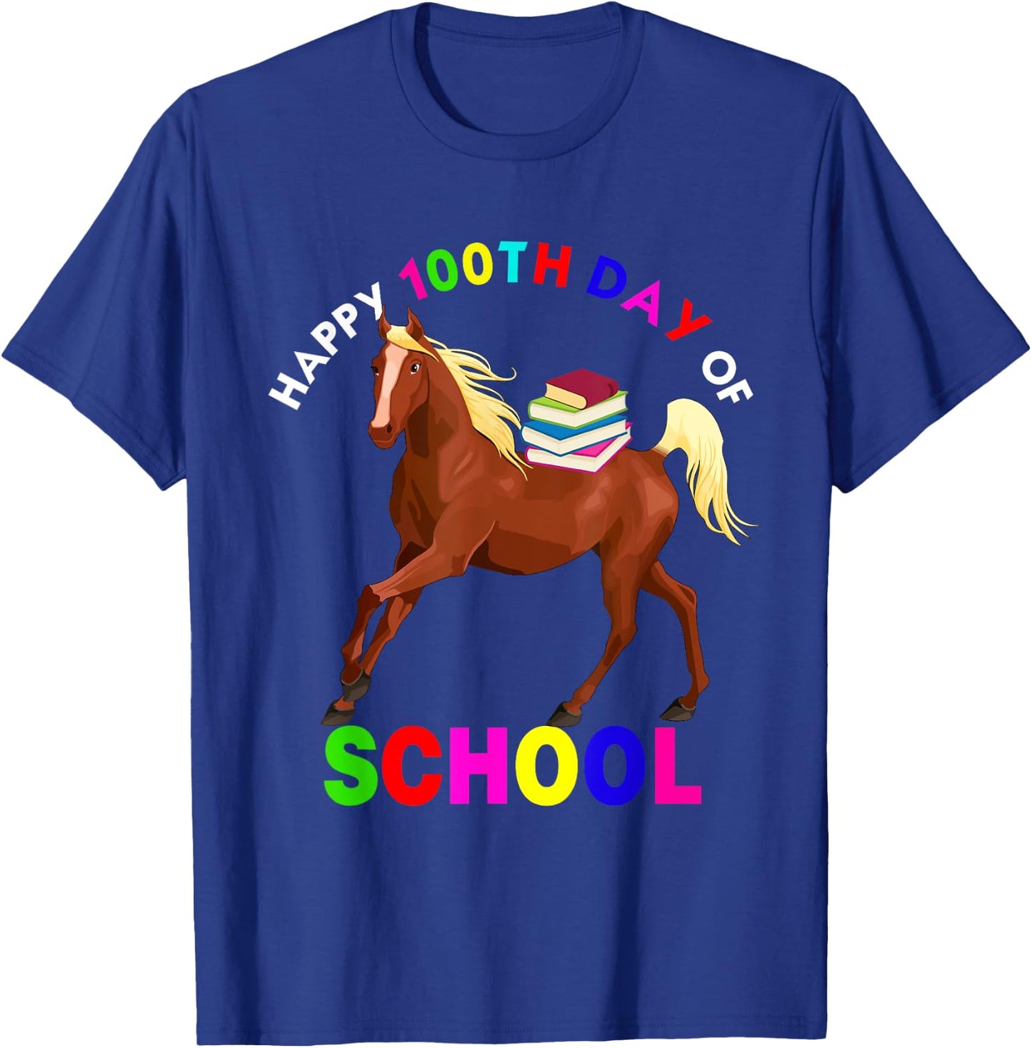 Happy 100th Days Of School Cute Horse Carrying Books Farm T-Shirt - T-Shirt | Royal
