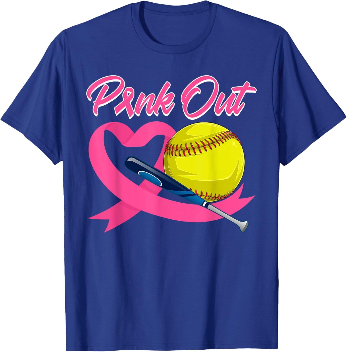 Pink Out Pink Ribbon Heart With Softball Ball Breast Cancer T-Shirt - T-Shirt | Royal