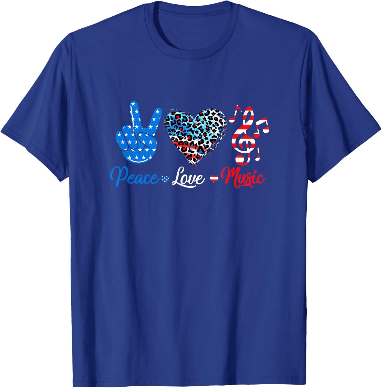 Peace Love Music Us Flag 4Th Of July Music Teacher Patriotic T-Shirt - T-Shirt | Royal