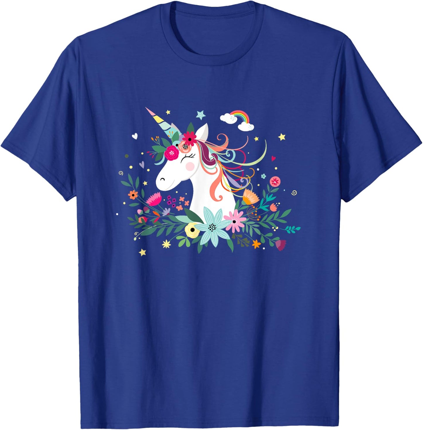 Funny Unicorn Dreams, Cute Kawaii Blinking Unicorn Flowers T-Shirt - T-Shirt | Royal