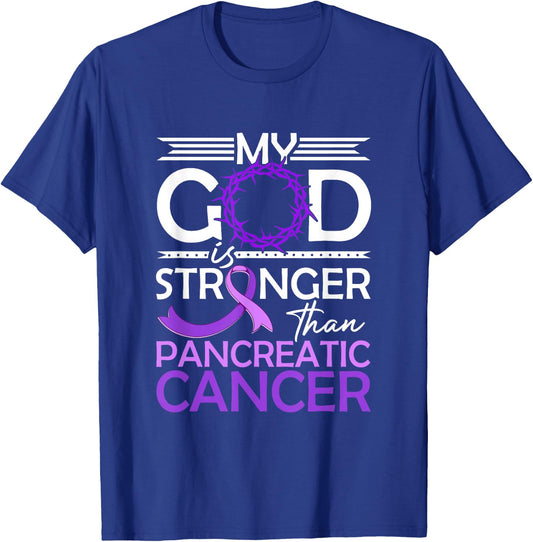 My God Is Stronger Than Pancreatic Cancer Awareness Ribbon T-Shirt - T-Shirt | Royal