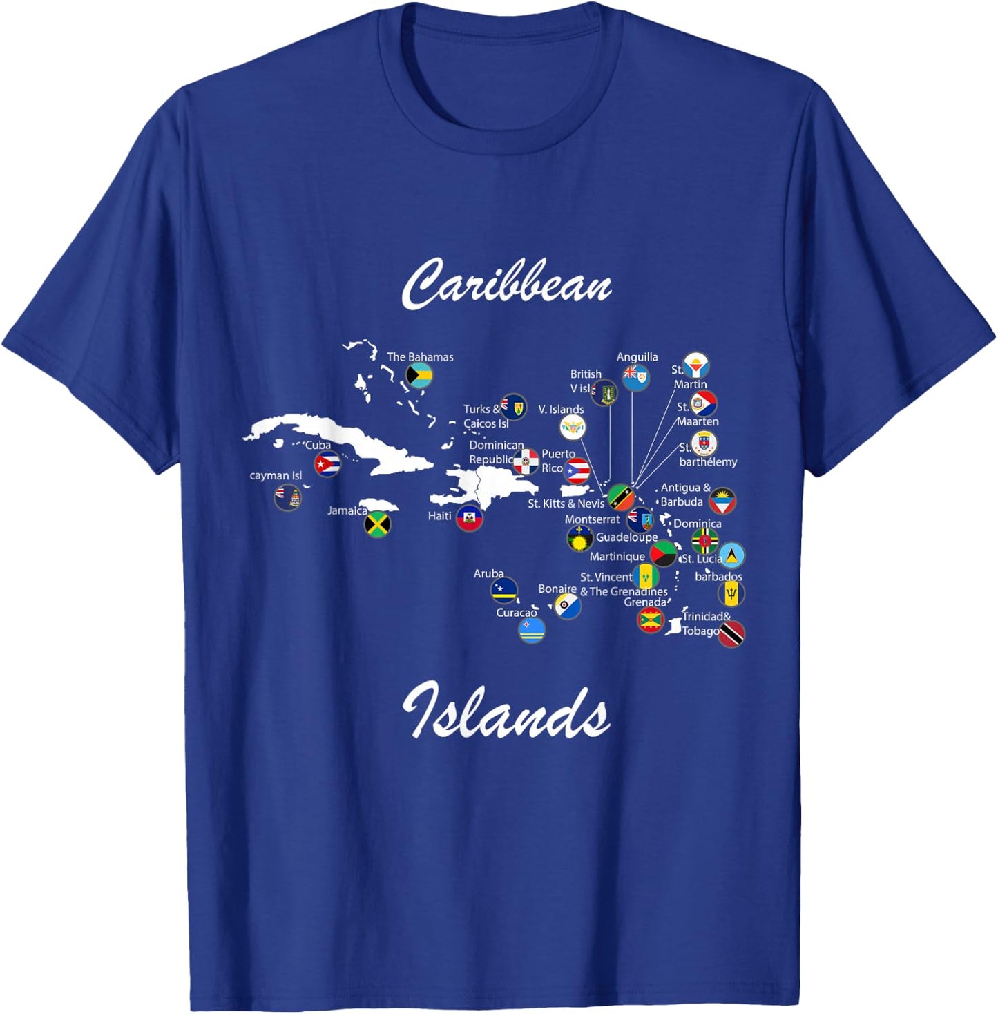 Caribbean islands Flags and map, Caribbean sea vacations T-Shirt - T-Shirt | Royal