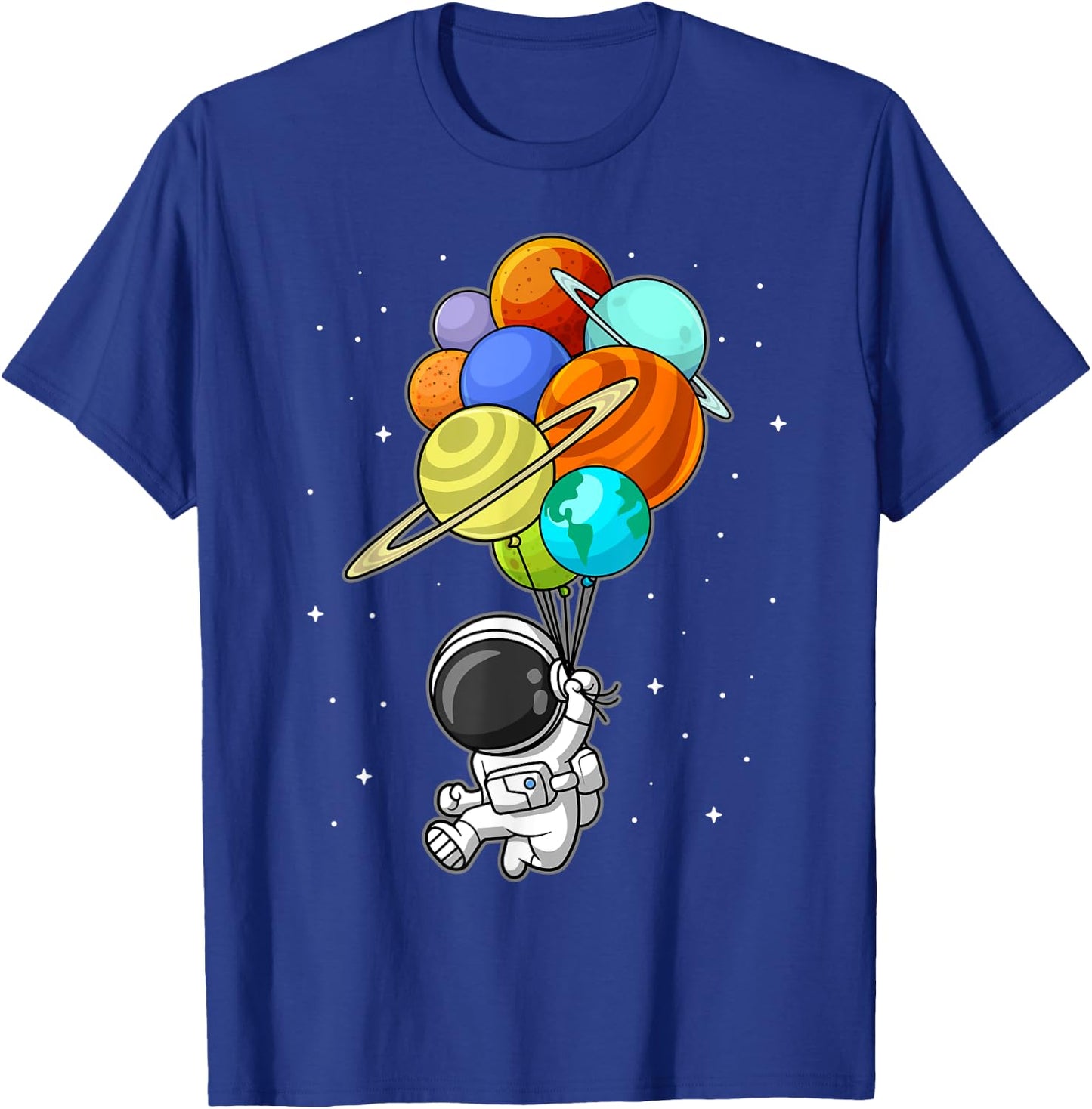 Astronaut Holding Planet Balloons Solar-System Space Kids T-Shirt - T-Shirt | Royal