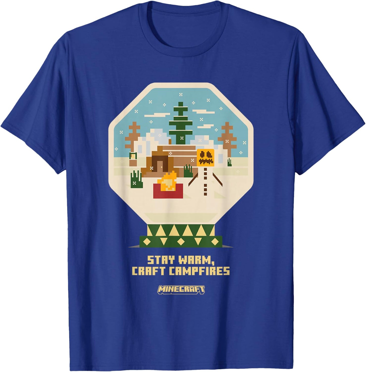 Minecraft Christmas Stay Warm Craft Campfires Snow Globe T-Shirt - T-Shirt | Royal