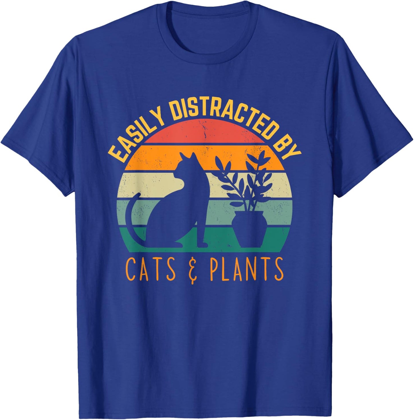 Easily Distracted By Plants & Cats Retro Pet Cat Plant Lover T-Shirt - T-Shirt | Royal