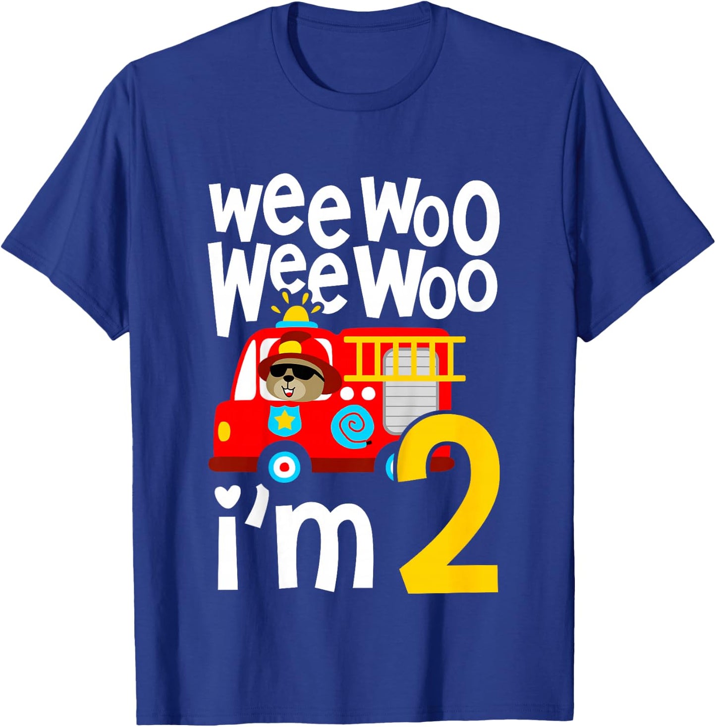 Kids Boys Birthday Wee Woo Wee Woo I'm 2 Red Fire Truck T-Shirt - T-Shirt | Royal