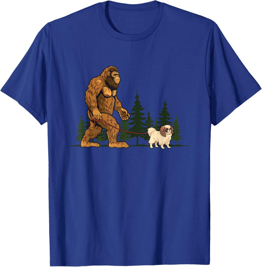 Funny Japanese Chin Bigfoot Dog Walking Dog Mom Dad Kids T-Shirt - T-Shirt | Royal