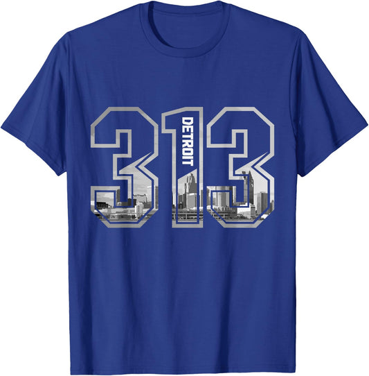 Detroit Michigan 313 Area Code Pride Skyline Vintage T-Shirt - T-Shirt | Royal