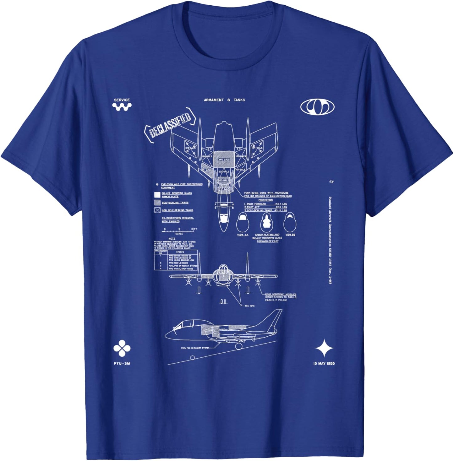Vought F7U-3M Cutlass Aircraft Armament Technical Blueprint T-Shirt - T-Shirt | Royal