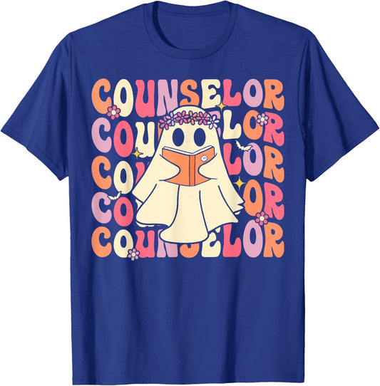 Groovy Halloween School Counselor Retro Ghost Counselor T-Shirt - T-Shirt | Royal
