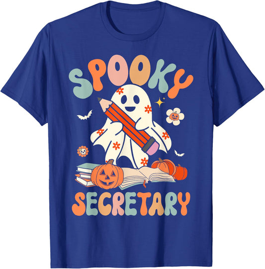 Spooky School Secretary Groovy Halloween Floral Ghost T-Shirt - T-Shirt | Royal
