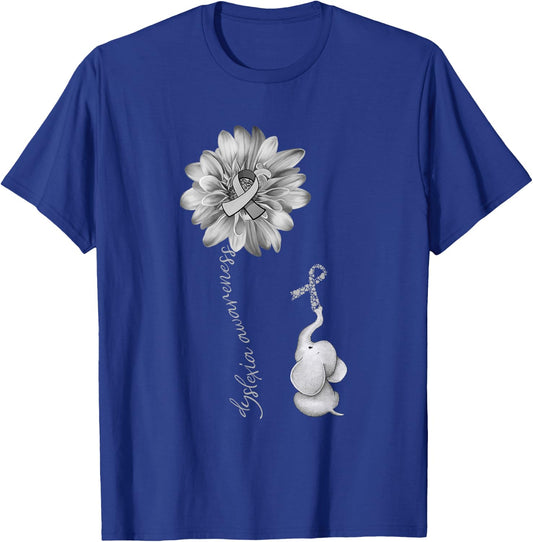 Elephant Sunflower Gray Ribbon Dyslexia Awareness T-Shirt - T-Shirt | Royal