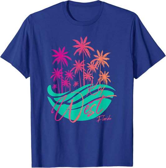 Retro Key West Florida Colorful Palm Trees And Ocean Waves T-Shirt - T-Shirt | Royal