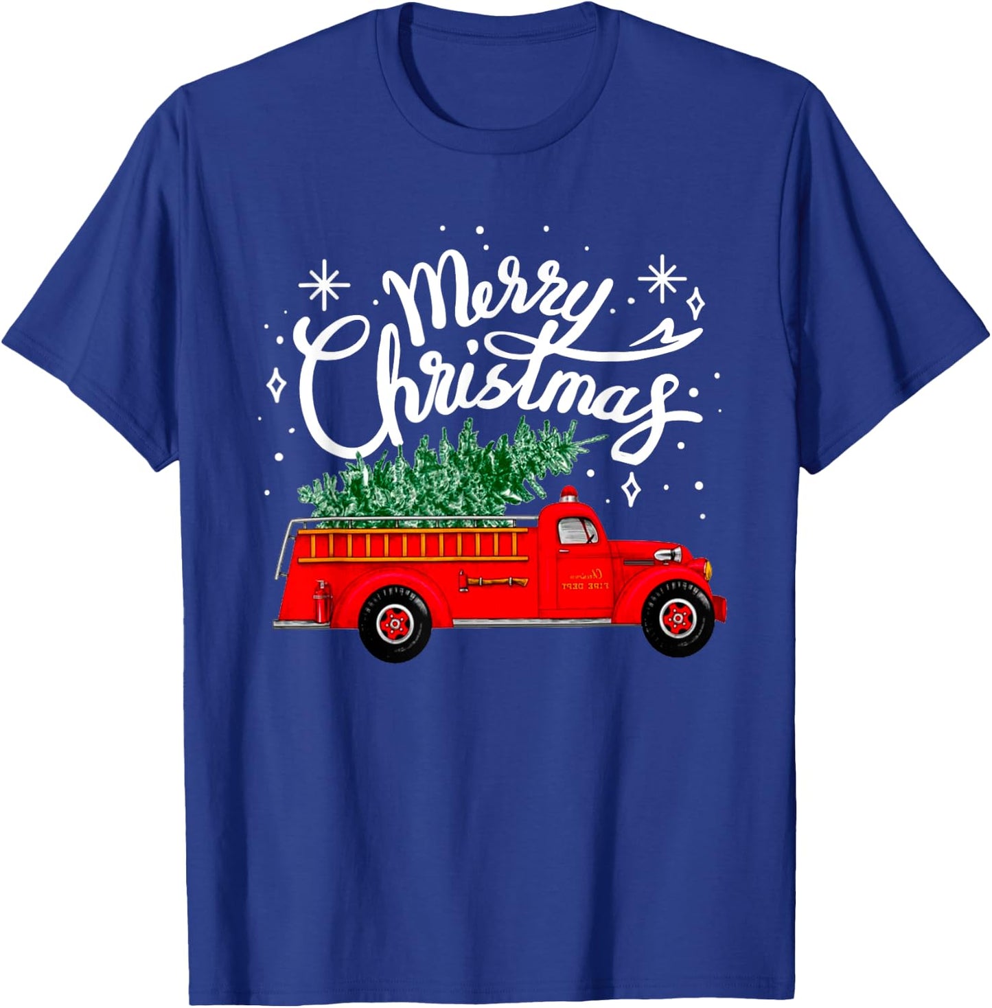Funny Merry Christmas Fire Truck Xmas Tree Firefighter 2024 T-Shirt - T-Shirt | Royal