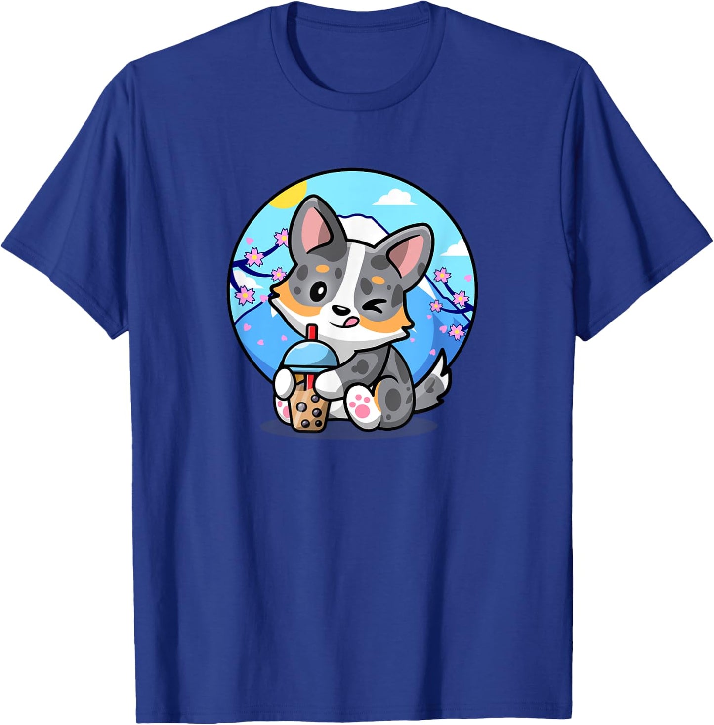 Funny Boba Bubble Tea Cherry Sakura Blue Merle Corgi Lover T-Shirt - T-Shirt | Royal