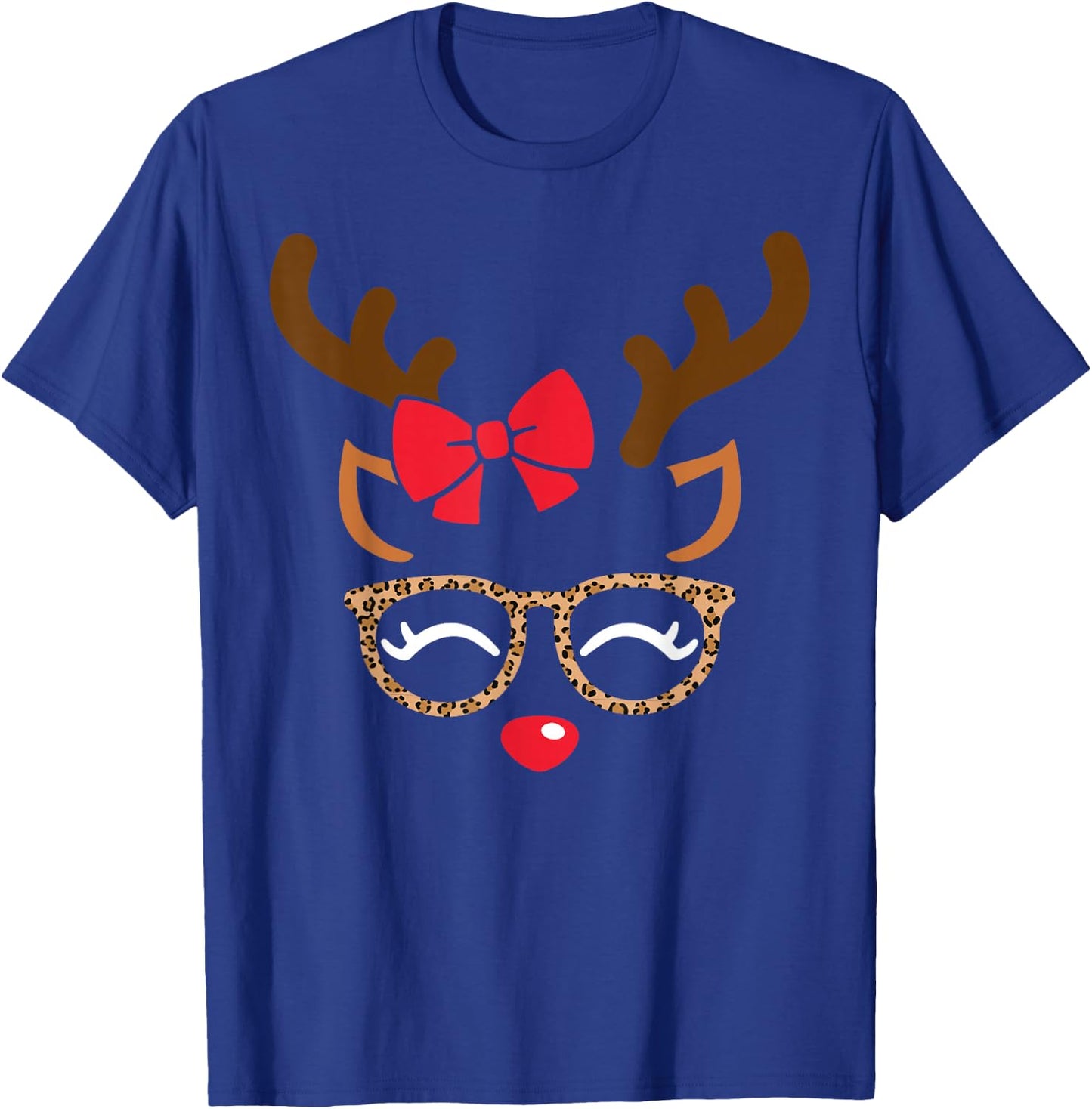 Reindeer Face Bow Leopard Glasses Christmas Girls Pajama T-Shirt - T-Shirt | Royal